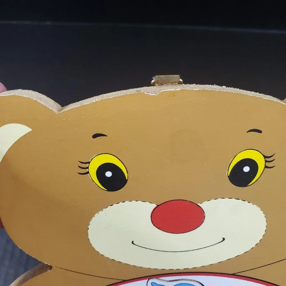 Vintage Wooden Teddy Bear Puzzle Removable Animal Shaped Numbers, Movable Hands